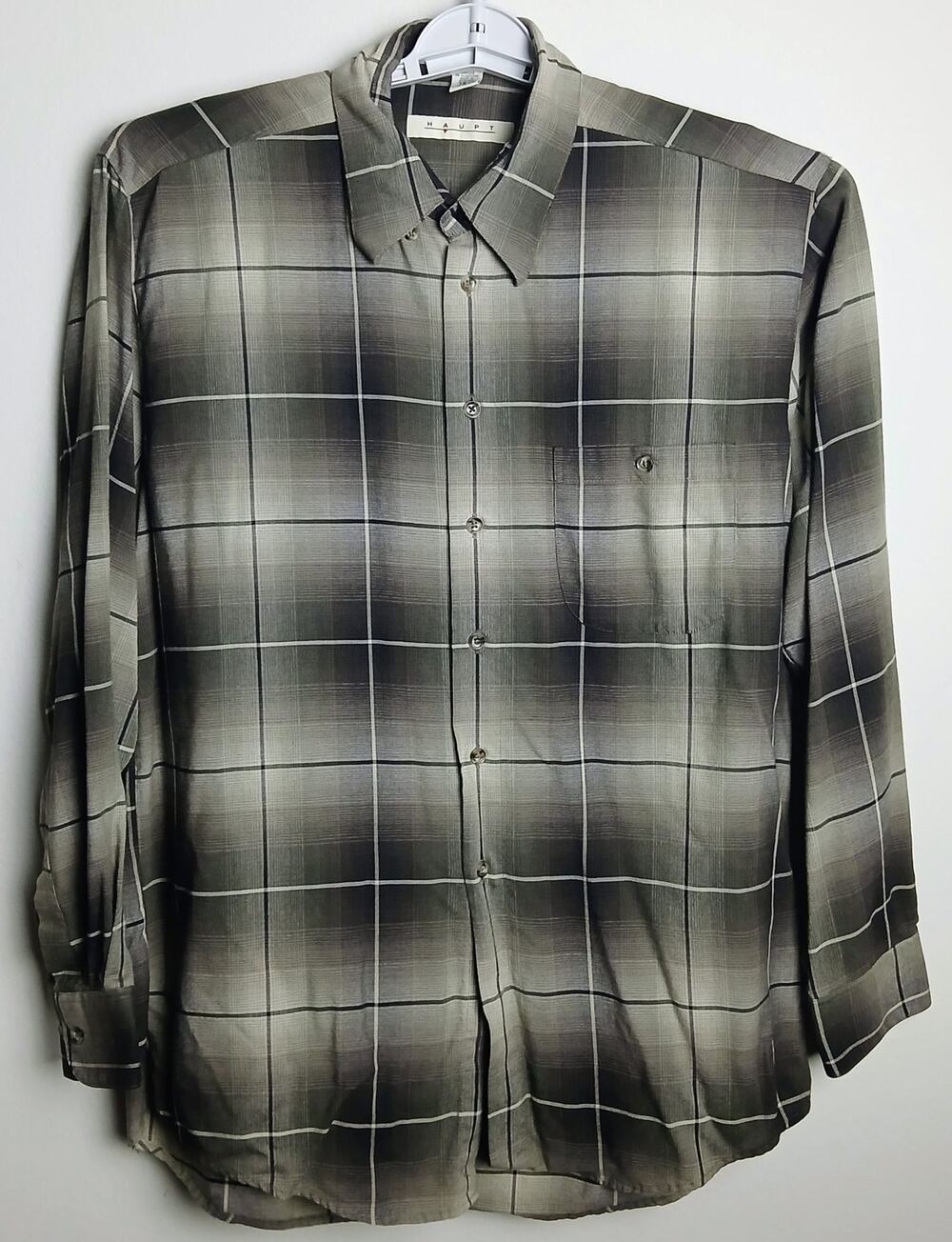 Haupt Germany Men's 15.5 M Dress Shirt Grey Black Shadow Plaid Ombre Long Sleeve